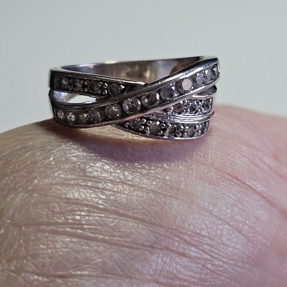Vintage Sterling Silver Clear Rhinestone Criss Cross Ring Size 7.25